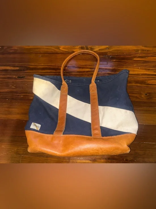 Tracksmith x Forestbound Navy & Cream Canvas Tote Tan Leather Trim - Picture 1 of 2